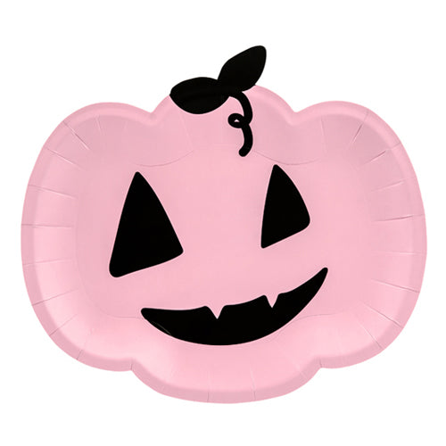 Pink Pumpkin Shape Paper Party Plate with Black eyes, face design.