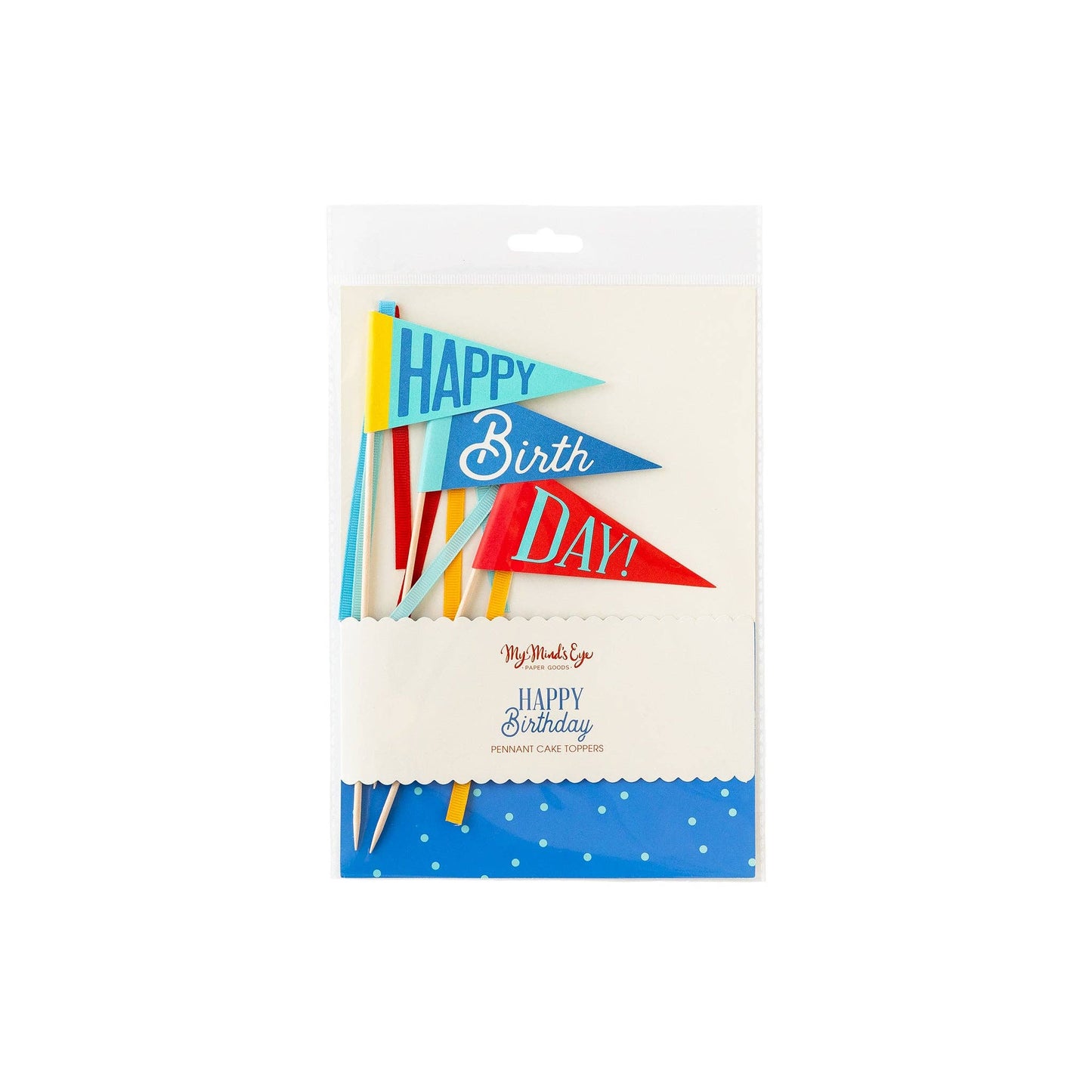 Shades of Blue Happy Birthday Flag Pennant Cake topper. 7, 8, and 9 inches tall, each pennant has 3 ribbons.