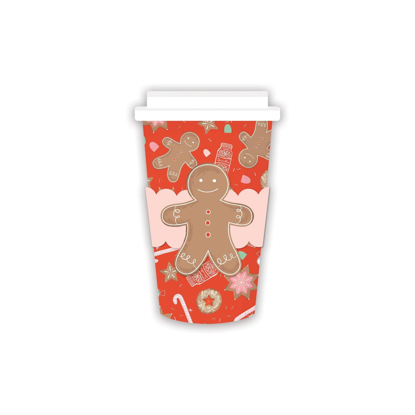 Gingerbread man design to-go party cups with matching design sleeve and cups. Pack of 8. Featured in the gingerbread bliss collection