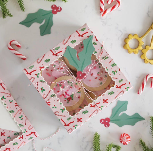 Pink Candy Cane and Holly Cookie Boxes