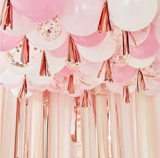 Blush, White And Rose Gold Ceiling Balloons With Tassels