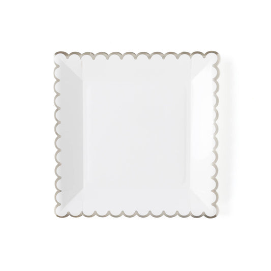 8 x White Scalloped Square Shaper Party Plates with Silver Trim  Measuring 9". Suitable for any event 
