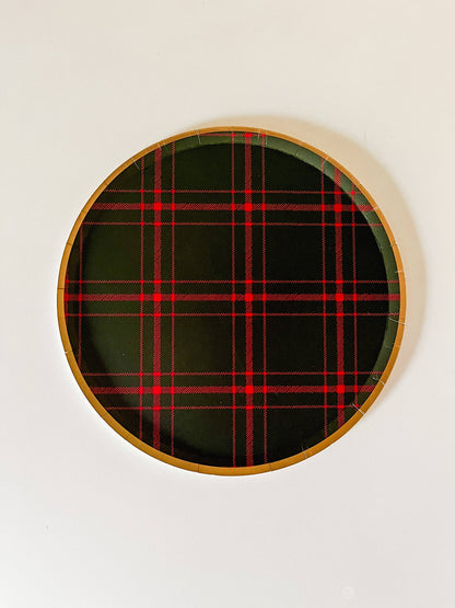 8 x Dark Green and Red Plaid Farmhouse Christmas Paper Plates Measuring 7"