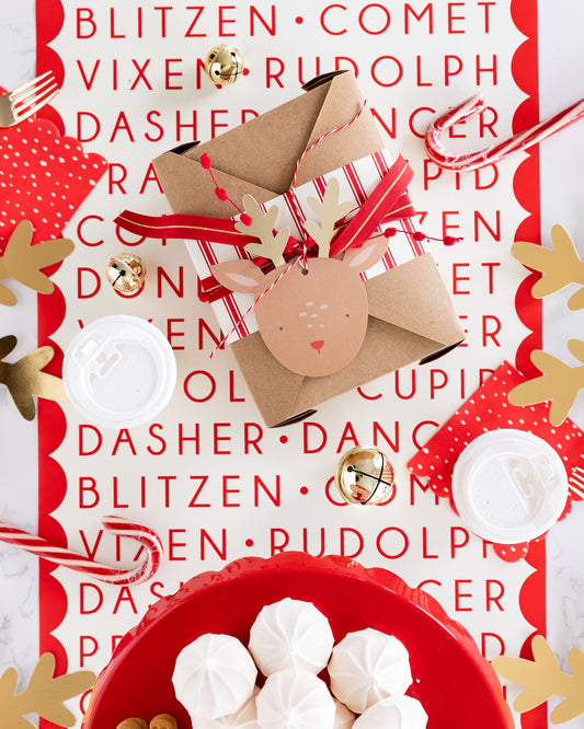 Reindeer Shape Gift Tags and/or labels. Brown colour with gold antlers and a red nose. The tag is 5'5" tall