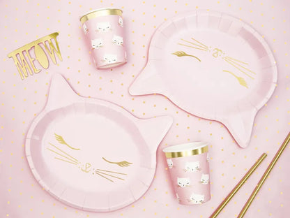Cat theme table setting with cat shape plate and cat design paper cups with gold straws. 