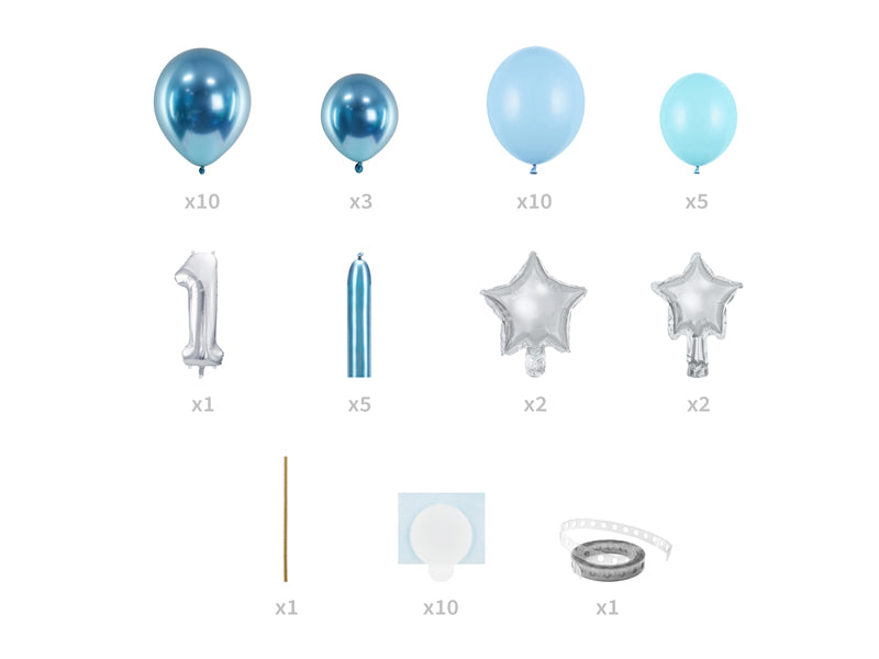 Number 1 Blue and Silver First Birthday Balloon Kit - 1.4m!. DIY Kit includes 30 pieces. 
