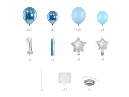 Number 1 Blue and Silver First Birthday Balloon Kit - 1.4m!. DIY Kit includes 30 pieces. 