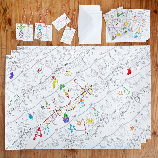 3 x Gift Wrap Paper, sizes 49cm x 71cm, 6 x  Gift Tags, sizes 8.5cm x 5.5cm and 6 x Christmas Cards sizes 14.8cm x 21cm Fabric: paper/card. Pack weight: 190g.. Each item has a festive Christmas design to colour in. 