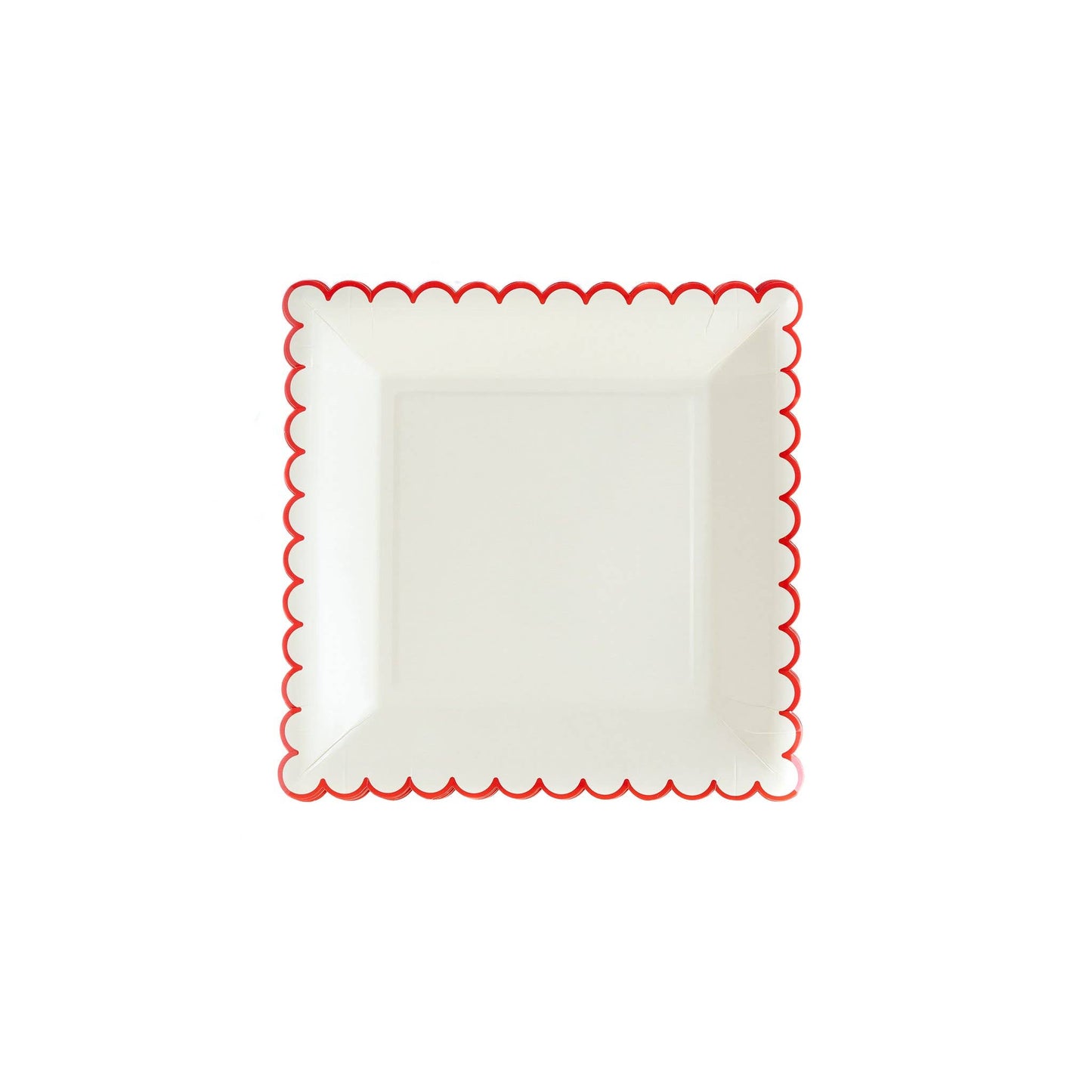 White 9"square Paper plate with red trim.