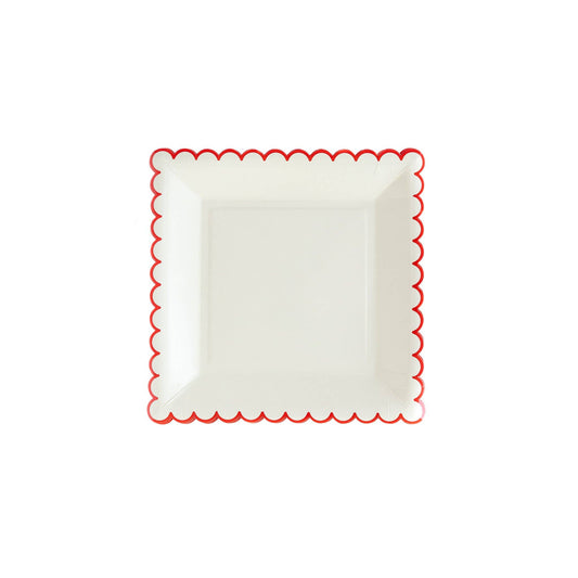 White 9"square Paper plate with red trim.